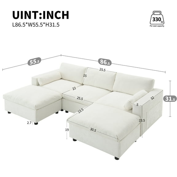 86.5" Chenille Modular Sectional Sofa with Storage Pockets, 5 Seat U Shaped Couch Set with Pillows,Free Combination,Modern Cloud Sofa with 2 Movable Ottoman for Living Room,Apartment54014