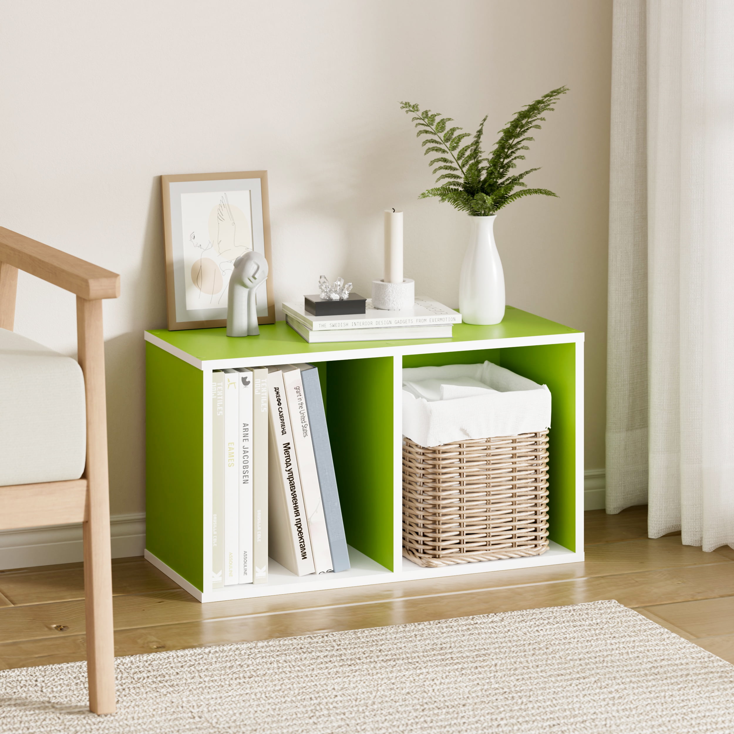 HOMLUX 9" x 12" x 21" Storage Shelf 2 Tier Cube Bookcase, Suitable for Small Space, White & Green