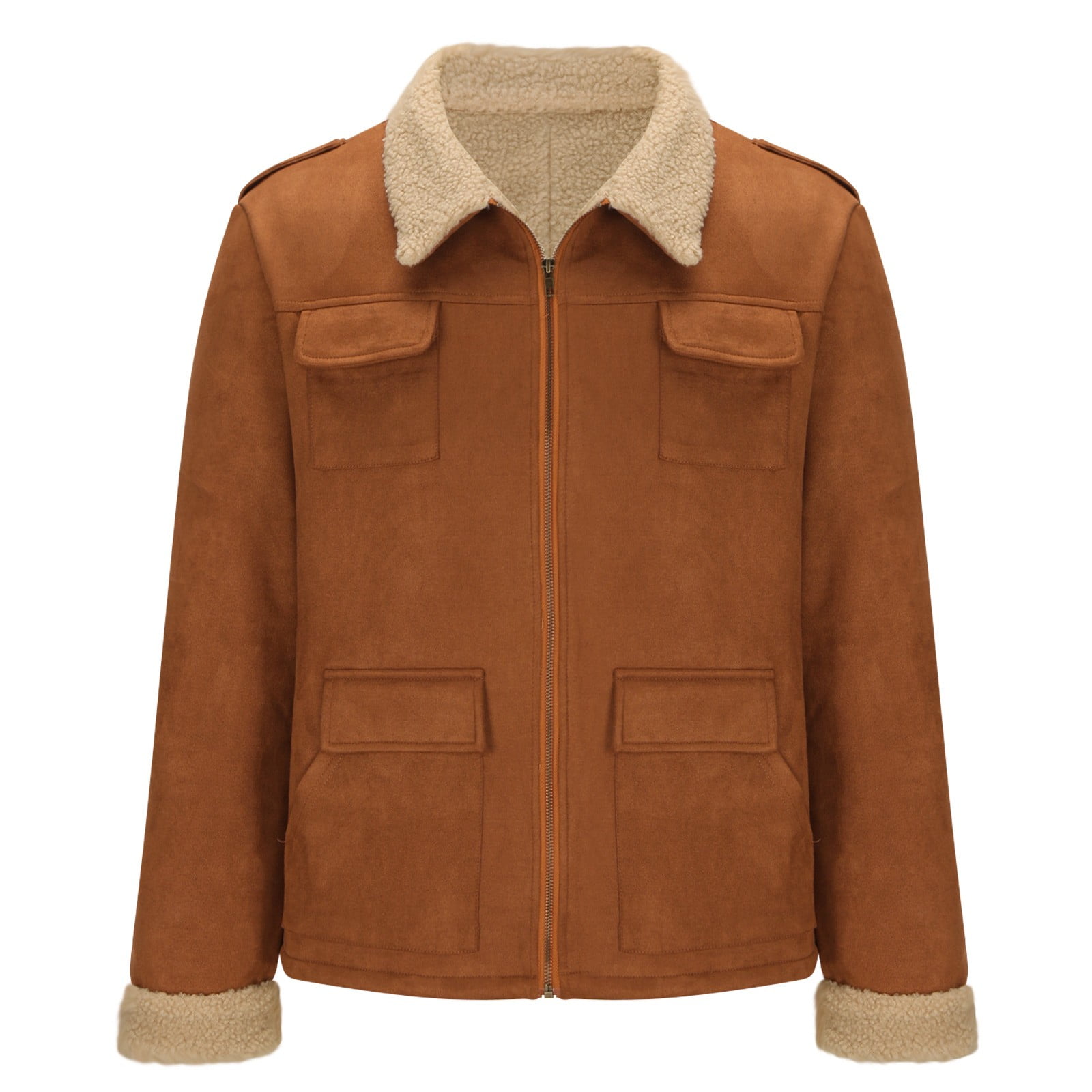 YLSDY Mens Shearling Bomber Suede Jacket Winter Warm Faux Leather Suede Jackets Vintage Sherpa Lined Fleece Overcoats Brown XXXXL