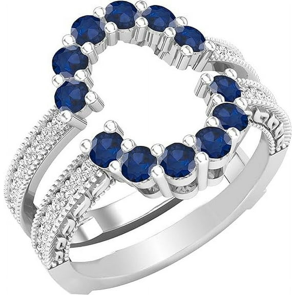 Divine Creation 925 Sterling Silver 1.40 Ct Round Cut Blue Sapphire & Diamond Wrap Guard Enhancer Wedding Engagement Ring 14K White Gold Finish For Women's -8.5