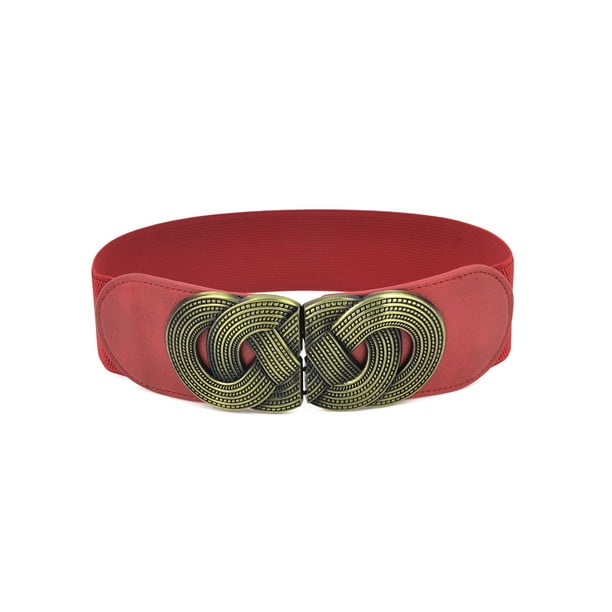 Cinturón elástico con hebilla entrelazada de metal tejido retro Inspire Chic - Banda roja - Hebilla de bronce 25"-37"
