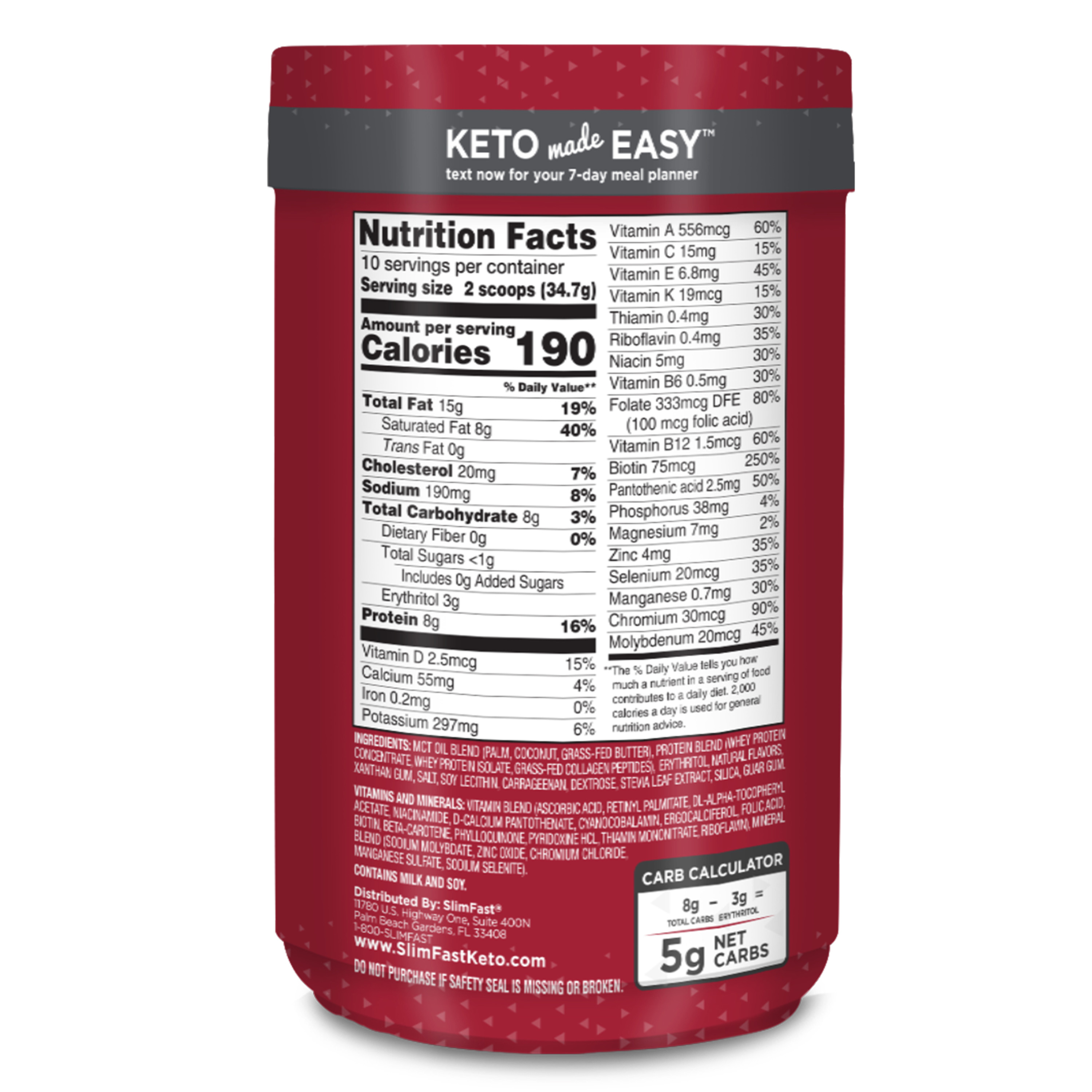 SlimFast Keto Meal Replacement Shake Powder, Vanilla Cake Batter, 12.2 Oz. Canister (10 servings) - image 2 of 8