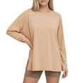 thumbnail image 3 of Women's Oversized Long Sleeve Workout Tshirts with Side Slit Fall Fashion Gym Casual Basic Tops Style Loose Tees for Daily Fitness | CSEONE,Beige L, 3 of 9