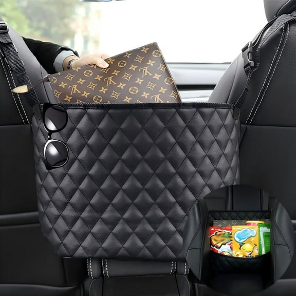 Car Net Pocket Handbag Holder,Purse Holder for Between Seats,Leather Seat Back Organizer Mesh Large Capacity Bag