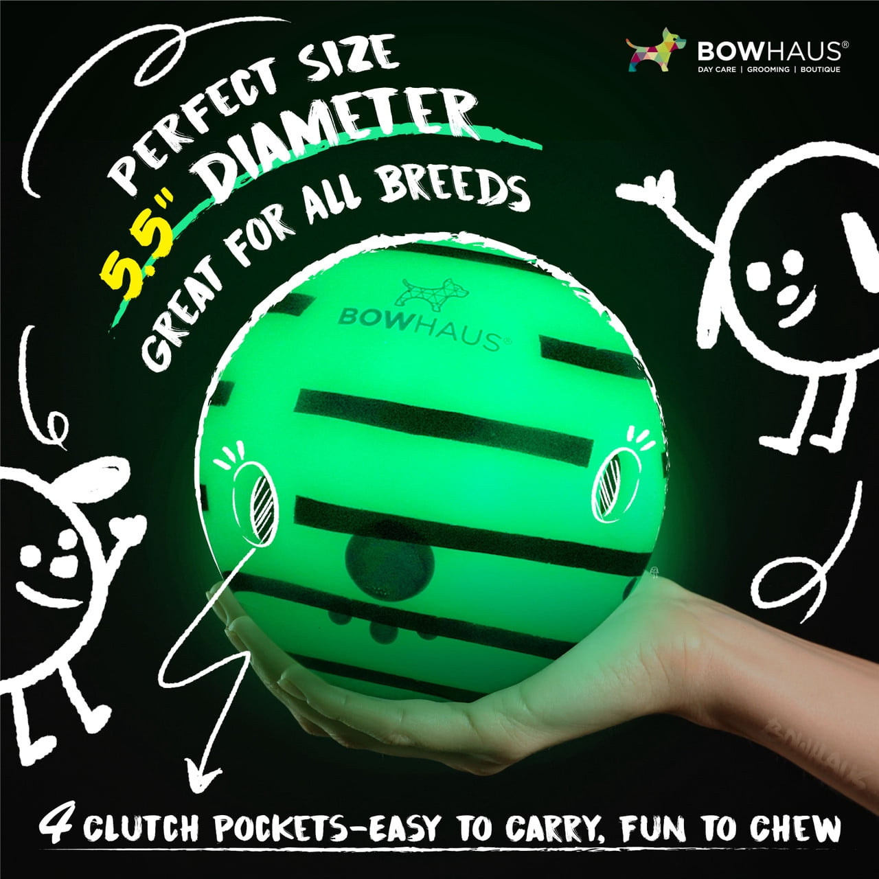 BOWHAUS Giggle Glow in The Dark Ball for Dogs, 5.5 Inch Interactive Dog Exercise Toys, Indestructible Fun Squeaky Chew Toy, Non-Toxic Durable PVC Chew Ball for Indoor Outdoor Play