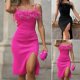 thumbnail image 3 of Off Shoulder Elegent Beauty Lady Dress Stitching Collar High-Waist Women Sling Hip Wrap Party Dress Backless Feather Side Split Hem, 3 of 4
