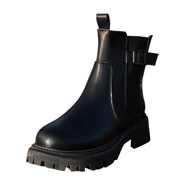 NECHOLOGY Botas Mujer Zapatos Botines de mujer Nuevos botines de mujer ajustados de cuero negro liso de invierno, botines cortos de tacón medio con suela gruesa de calle versátiles (Black, 9)