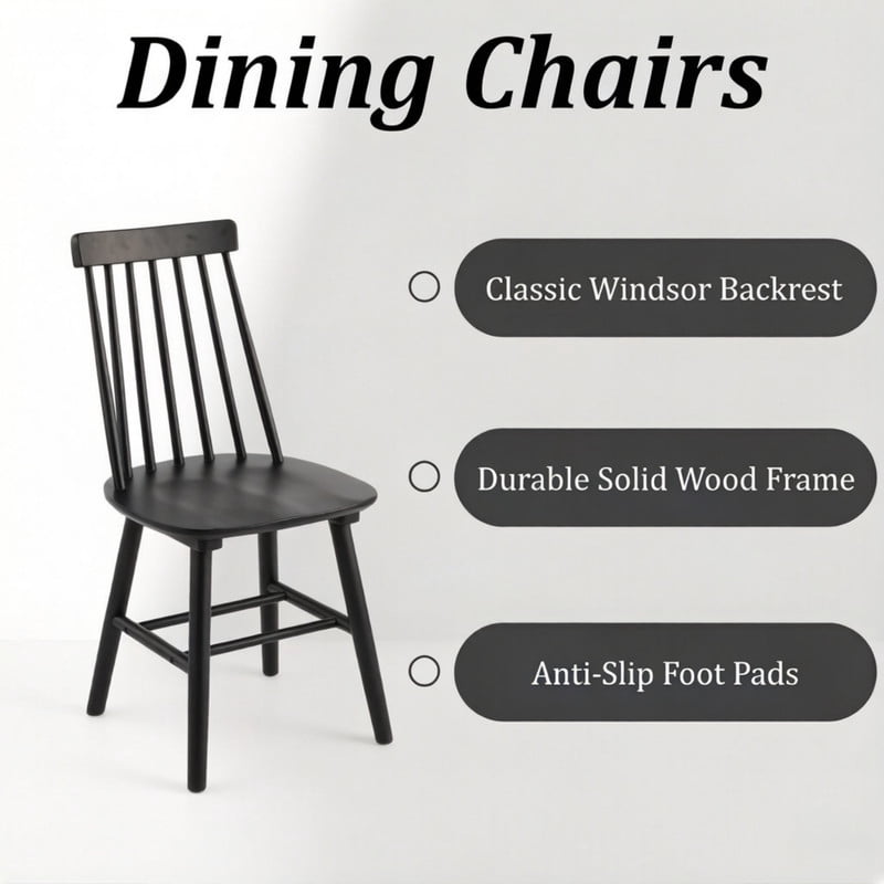 Solid Wood Dining Chairs Set of 4, Ergonomic Windsor Backrest Mid-Century Modern Armless Kitchen Side Chairs