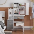 thumbnail image 5 of OXYLIFE Makeup Vanity Desk Table with Sliding LED Lighted Mirror, Cushion Stool, 4 Drawers and Shelves, White+Gray, 5 of 9