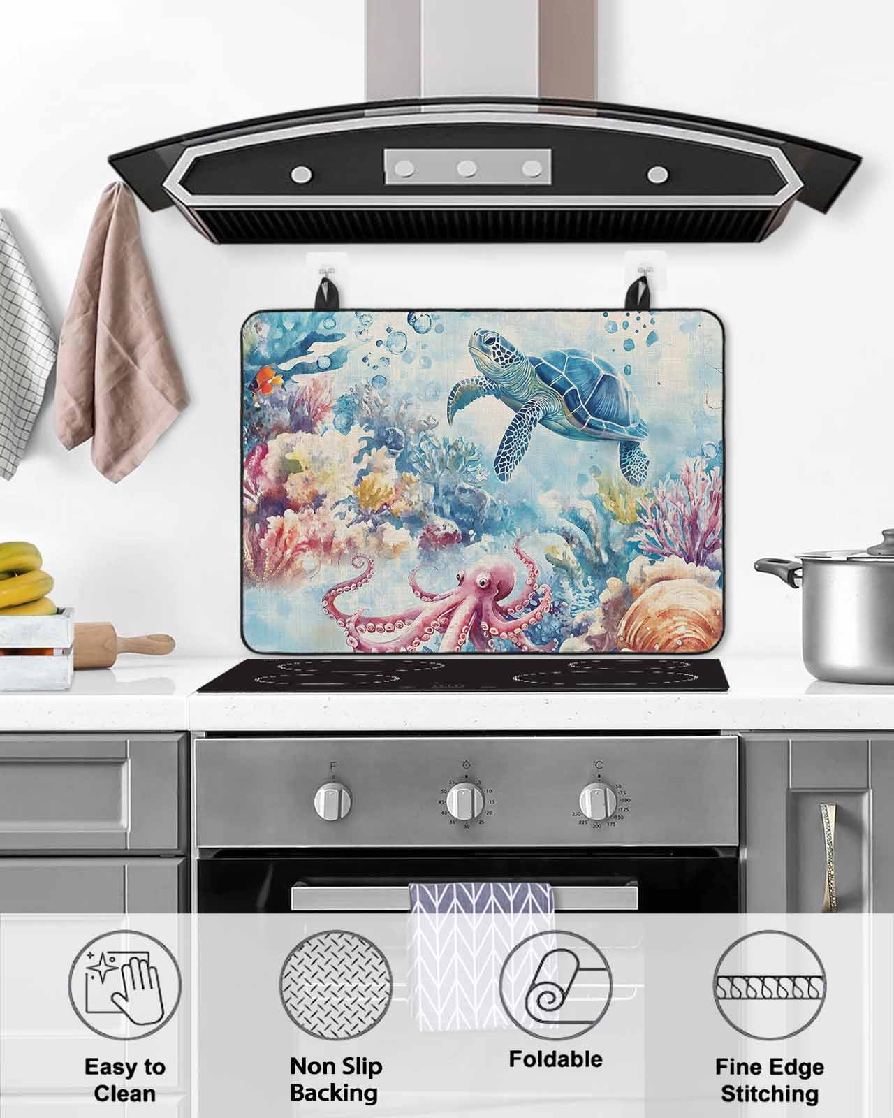 nqOlkjepod Large Induction Cooktop Protector Mat 31"x24", Sea Turtle Octopus Stove Top Covers for Electric Stove, Coastal Coral Summer Ocean Beige Stove Burner Cover Mats, Glass Top Stove Cover