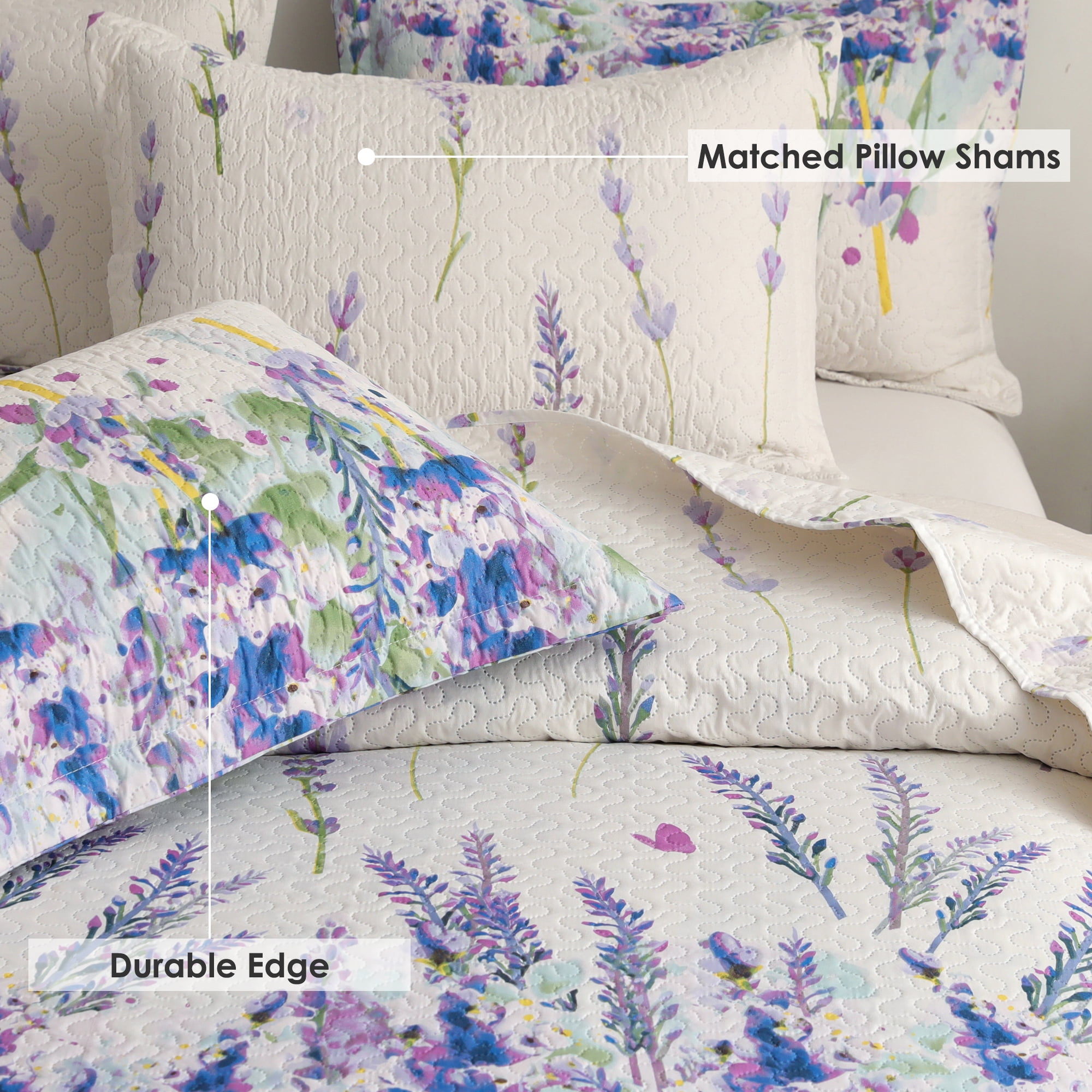 Beartech Floral Quilt Set King Size Purple Hyacinth Butterfly Quilt Lightweight Reversible Microfiber Bedspread Coverlet Bedding Set