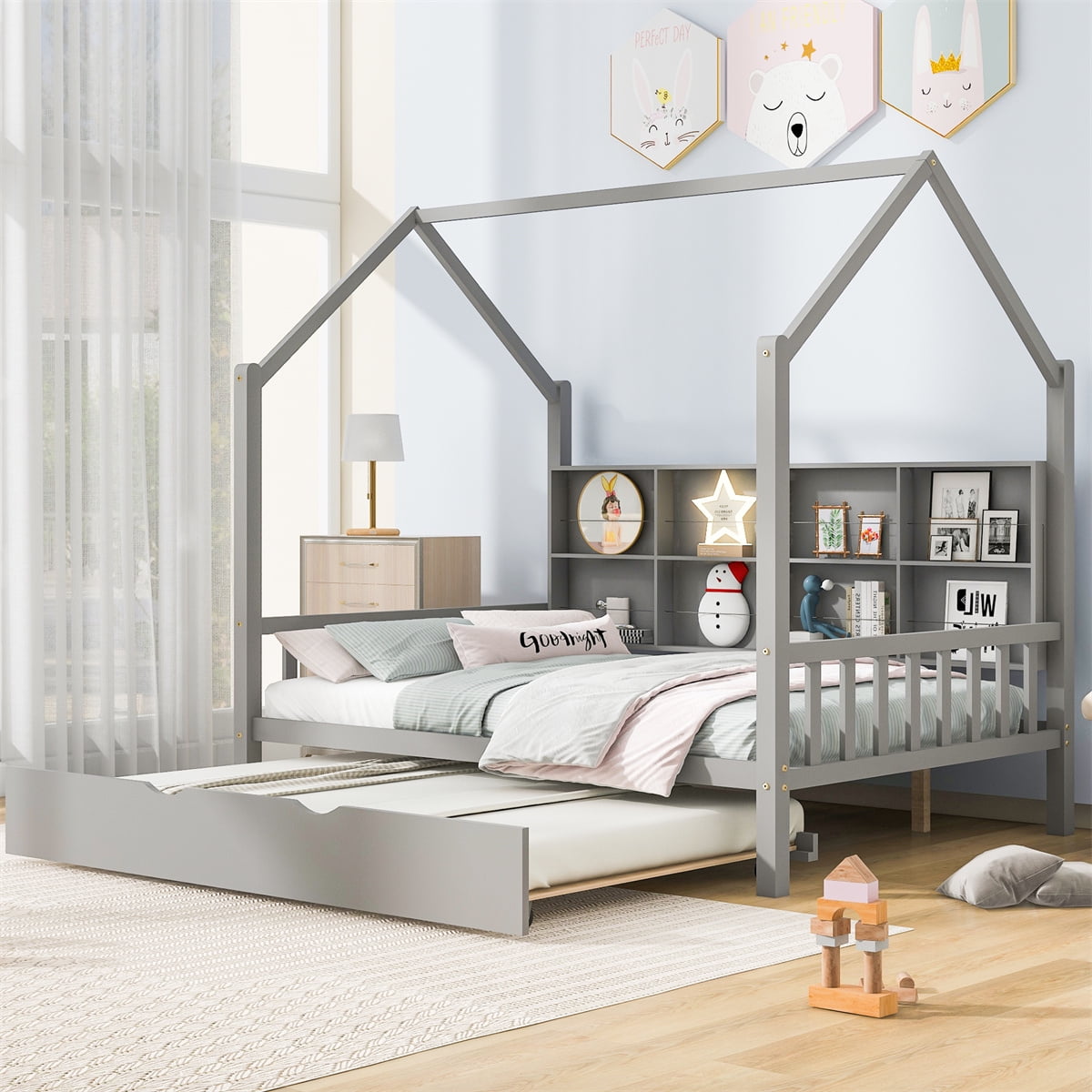 Full Size House Bed with Trundle, Kids House Bed Frame with Storage Shelf, Wood Platform Bed
