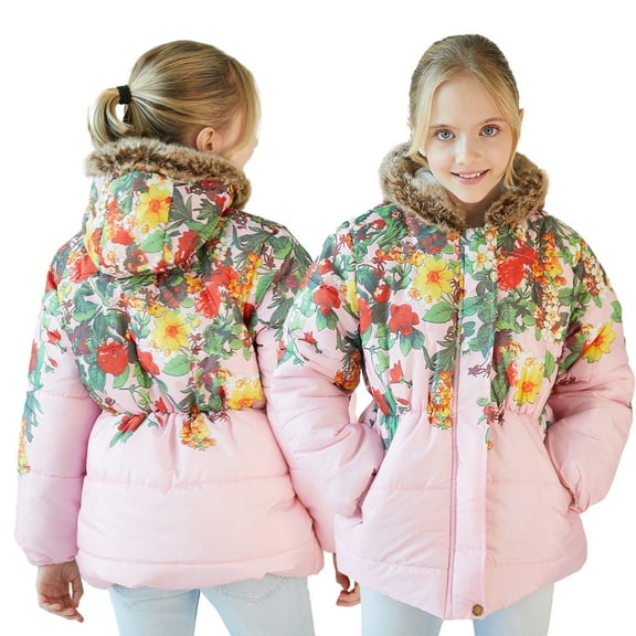 Esaierr Girls Ccotton-Padded Jacket Kids Hooded Winter Cotton Coats Baby Slim Waist Cotton Clothes Casual Printing Warm Outerwear for 3-12 Years