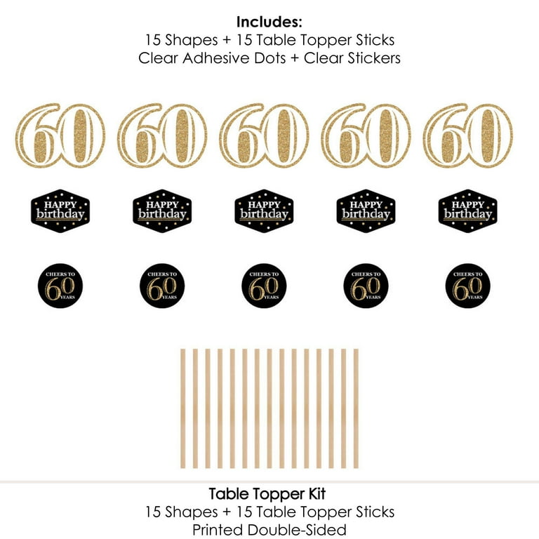 Chic 60th Birthday Centerpiece Sticks - Pink, Black & Gold Table Toppers, Set Of 15 With Dowels