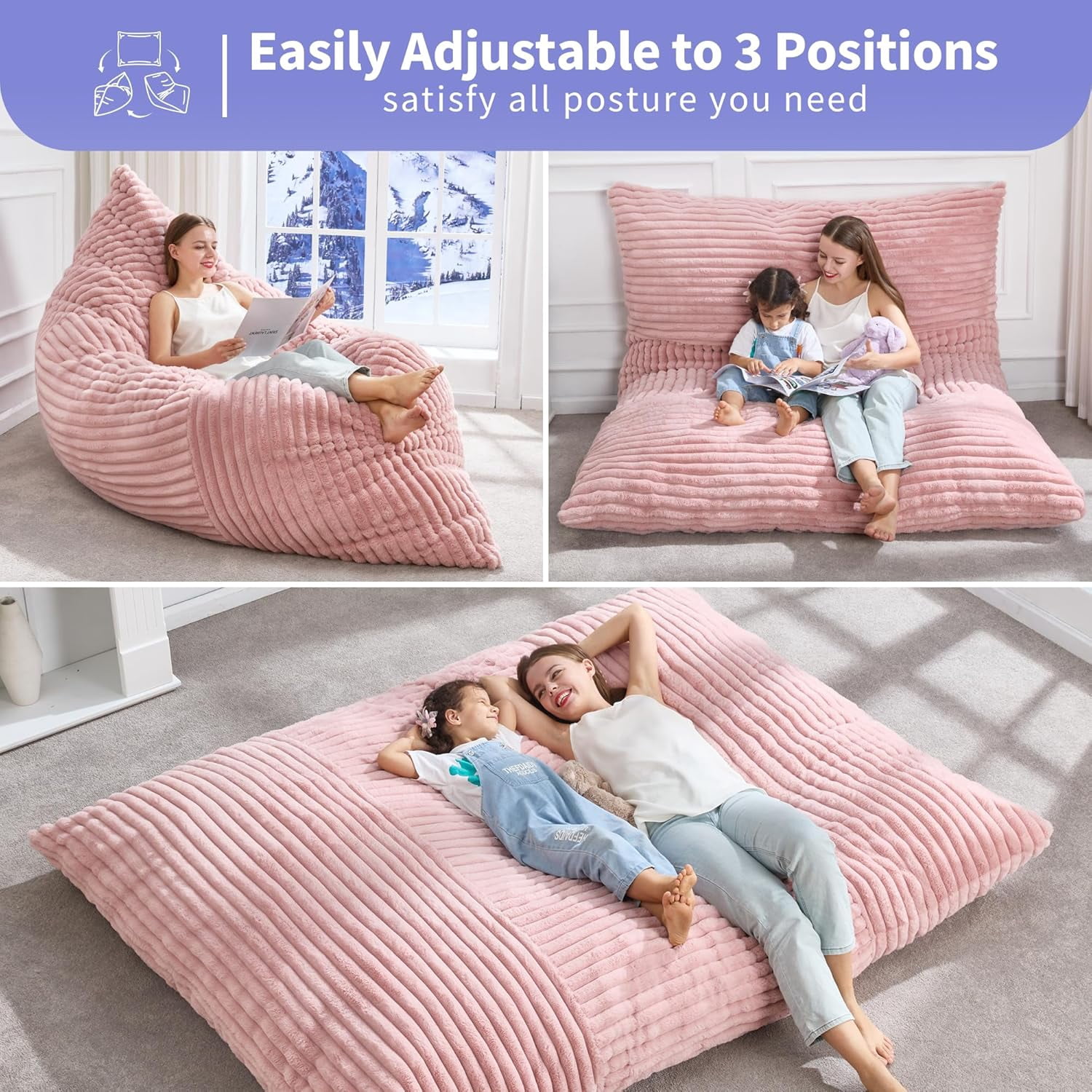 TINKLE WELL Giant 3-in-1 Bean Bag Chair for Adults, Convertible Floor Sofa & Cushion, Perfect for Bedroom & Living Room Lounging, Pink