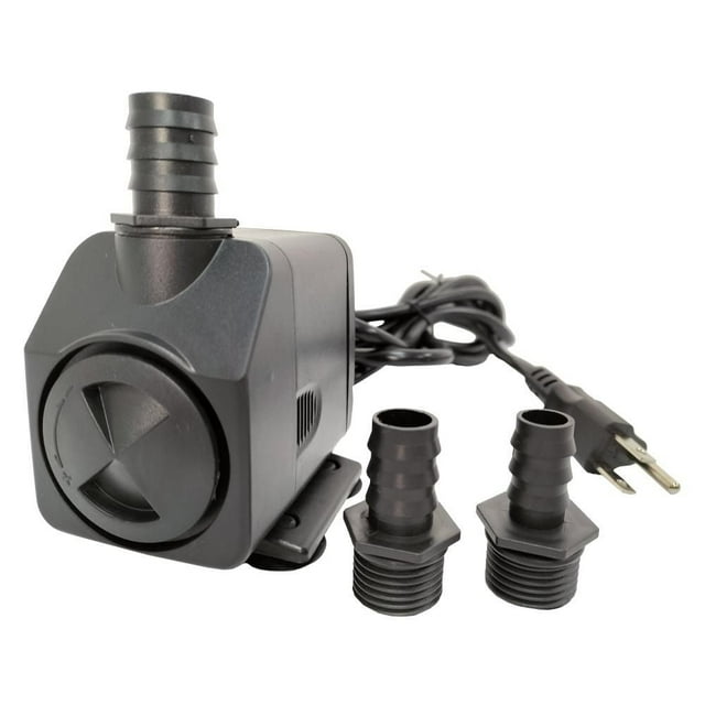 Angelo Décor 310 GPH black fountain pump with adjustable flow dial, two compatible tubing adapters for 1/2, 5/8, and 3/4 inch tubes, and attached power cord