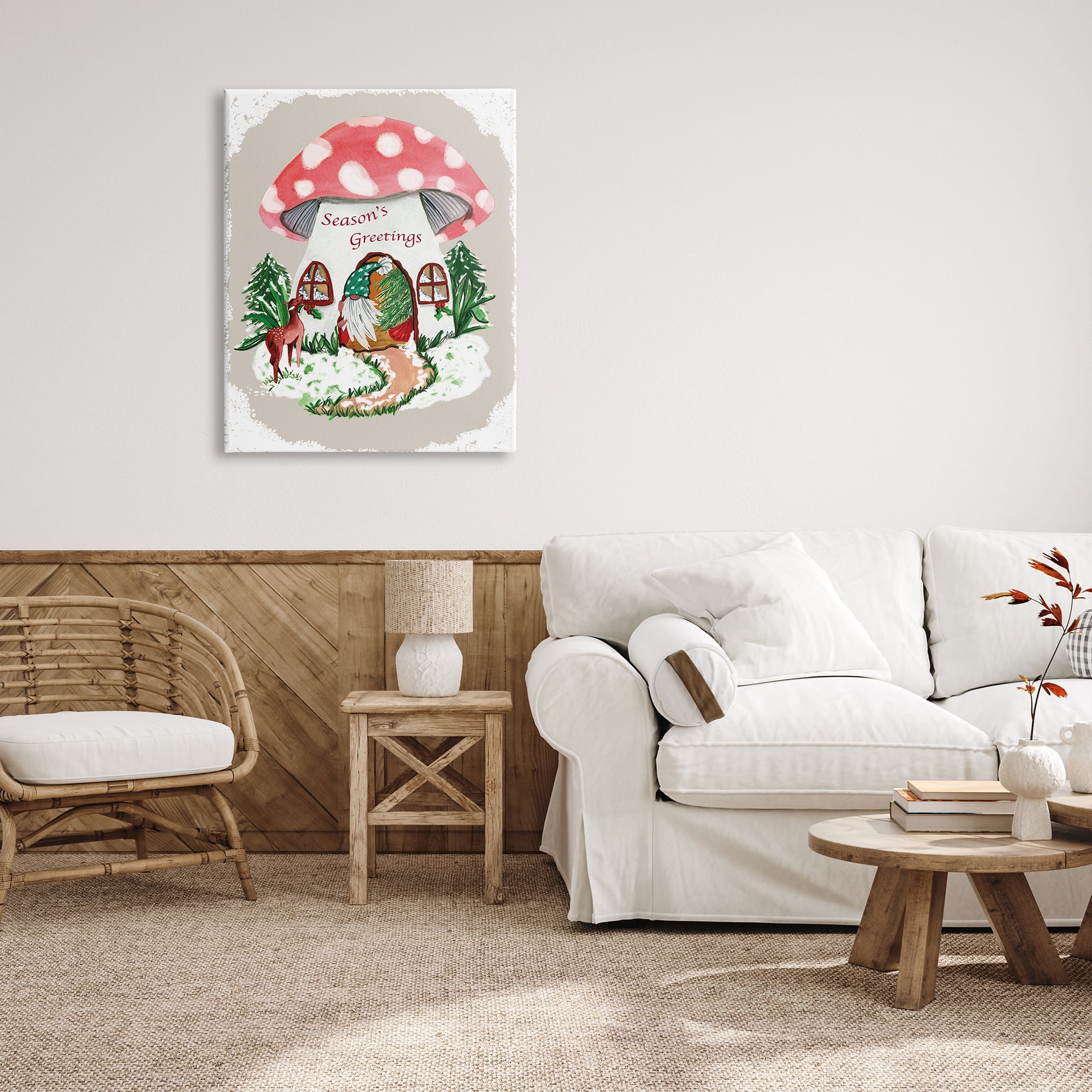 Stupell Industries Season's Greetings Gnome Forest Mushroom House Garden Creature, 30 x 40, Design by Kate Eldridge
