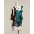 thumbnail image 5 of Teal Floral Print Asymmetrical Hem Tie-Front Peplum Mesh Tank Top For Women, 5 of 8