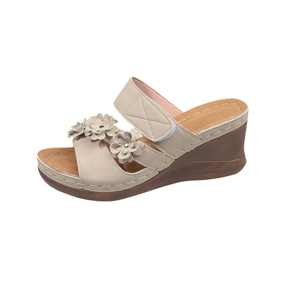 LOVZFMLL Wedge Sandals for Women 2025 Fashion Flower Slip On Open Toe Slides Sandals Summer Casual Beach Vacation Outdoor Dress Shoes Beige 5.5