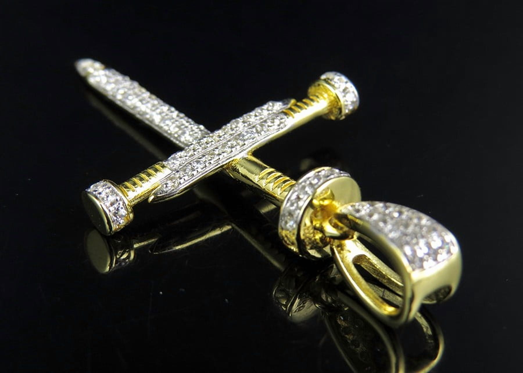 Yellow Gold Finish Sterling Silver Simulated Diamond Nail Cross Pendant 1.4 Inch