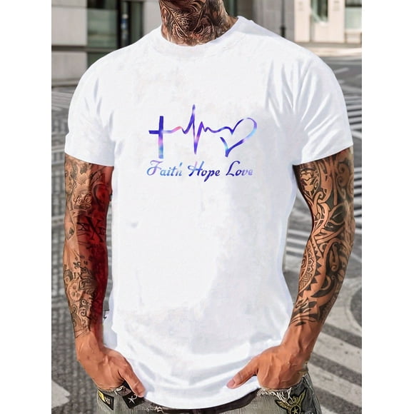 T-shirt Mode Urbaine Respirant à Manches Courtes pour Hommes avec Foi, Espoir, Amour, Chrétien, Ligne de Battement de Cœur et Lettre Grecque Tau (\u03A4) Symbole Croix, Imprimé Blanc et Bleu