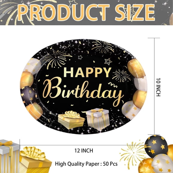 YUYAN-50Pcs Black and Gold Birthday Oval Paper Plates 10" x 12" Large Heavy Duty Happy Birthday Party Plates Black Party Decorations Platters for Men Women Gathering Dinner Party Decorations