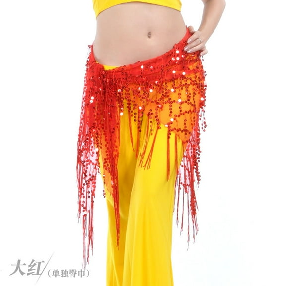 Zhuge Women's Belly Dance Hip Scarf, Sequin Tassel Tribal Triangle Wrap Skirt with Waist Chain, Red