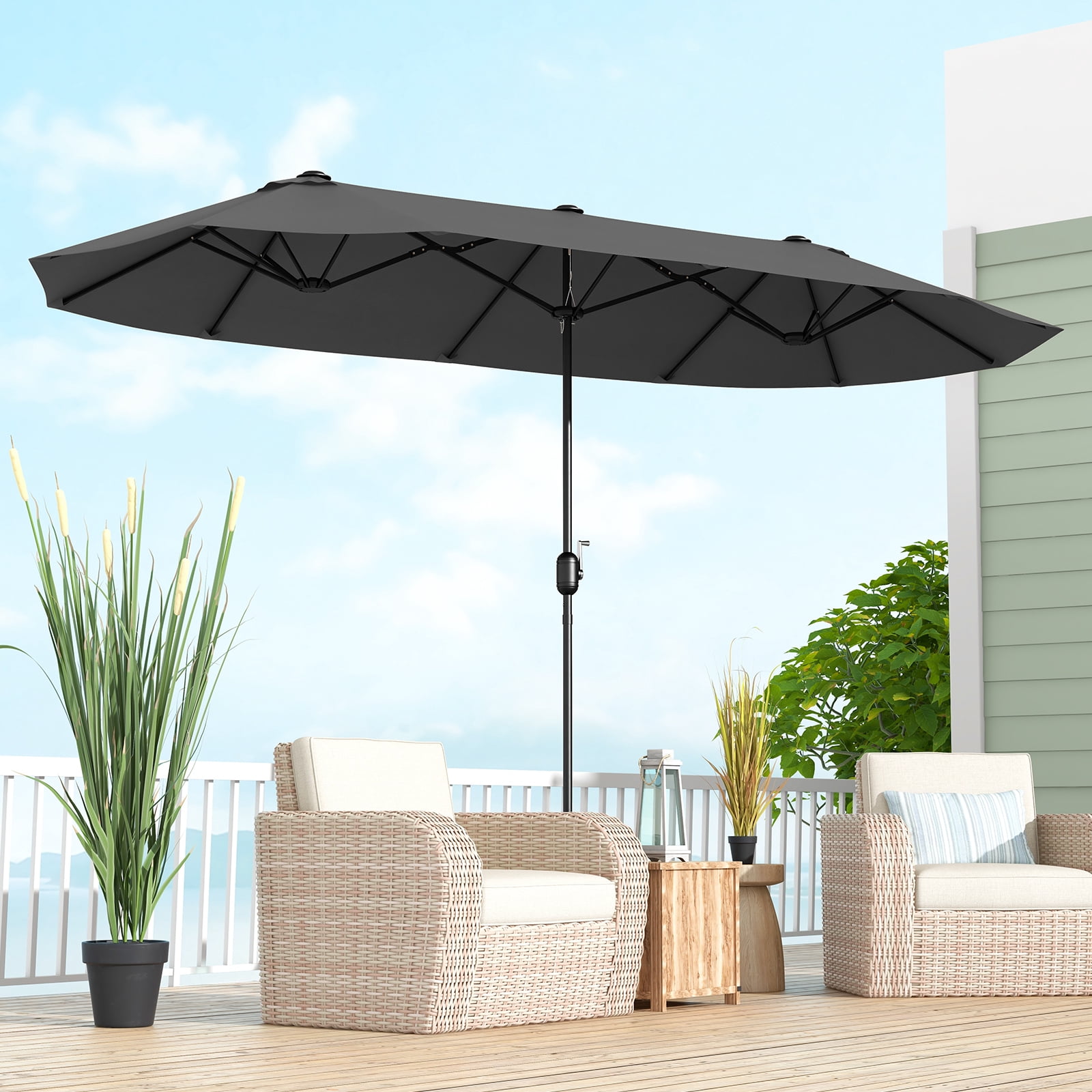 Gymax 13FT Double-sided Patio Umbrella w/ Crank Handle Umbrella Base Safety Lock Grey