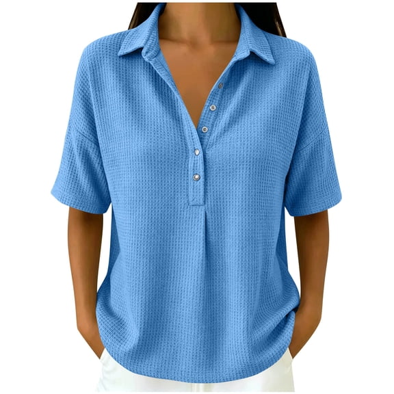 OGLCCG Women's Waffle Golf Shirts Half Button Short Sleeve Collard T-Shirt Summer Casual Tennis Work Athletic Tops,Light Blue