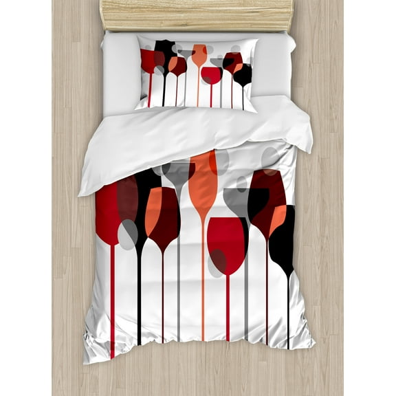 Ambesonne Wine Duvet Cover Set, Abstract Glasses, Twin, Red Grey Black