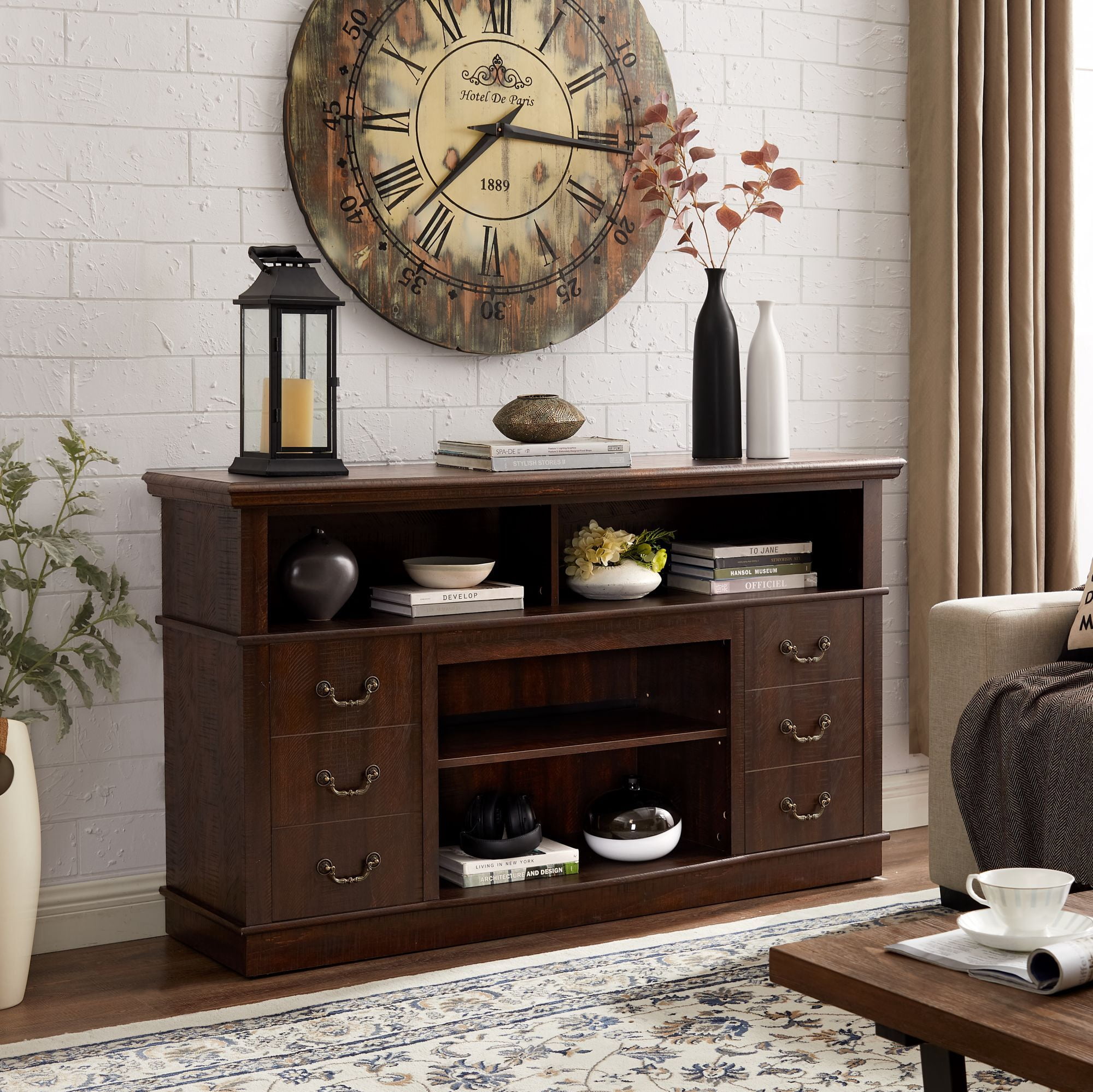 DEALTOPS Farmhouse TV Stand Entertainment Console Center with Spacious Space for TVs Up to 65'', Espresso