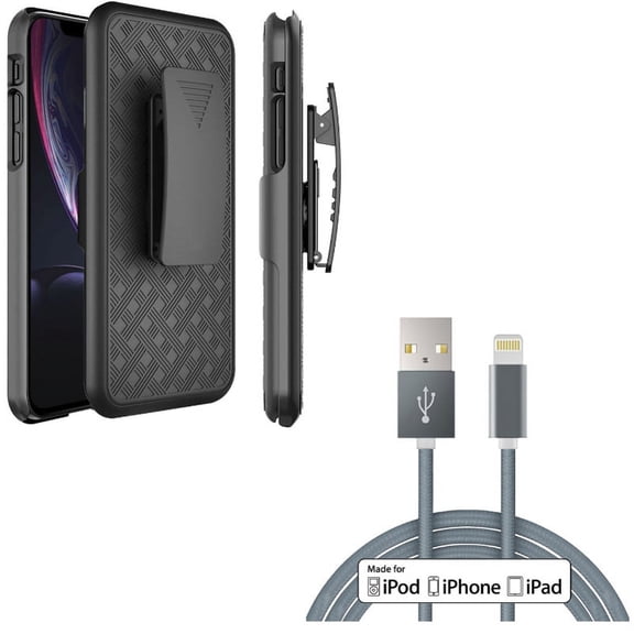 Holster Case Belt Clip w 6ft MFi USB Cable for iPhone XS Max - Swivel Kickstand Armor Combo Cover and Certified Charger Cord Power Wire Braided