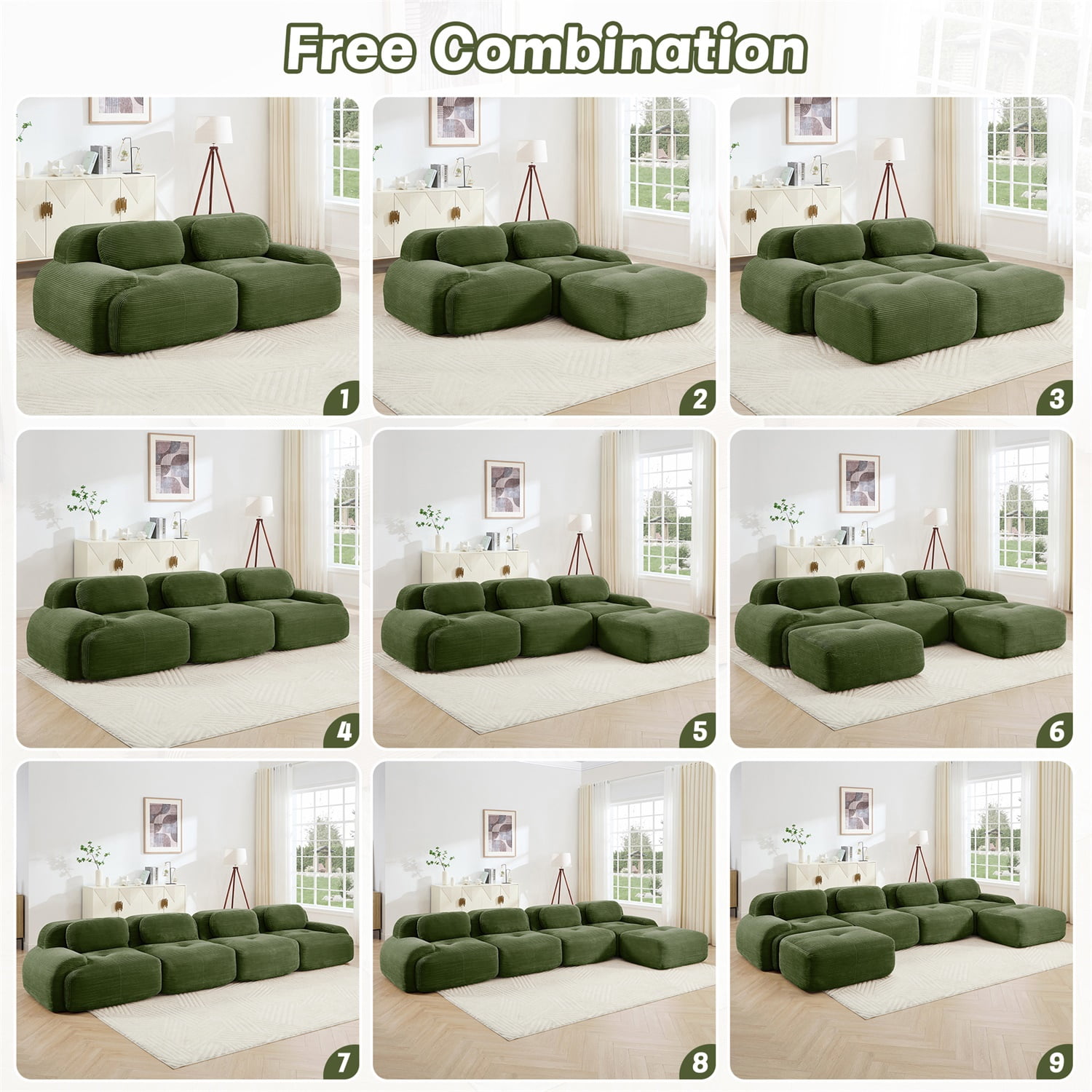 Hommoo 82" Luxury Corduroy Fabric Modular L-shaped Sofa, Multiple Combinations 2 Seater Sectional Sofa Couches with Curved Armrests, for Living Room Apartment, Green