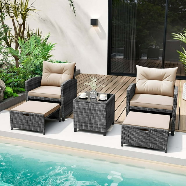 Costway 5 PCS Patio Rattan Furniture with 2 Ottomans & Tempered Glass Coffee Table Beige