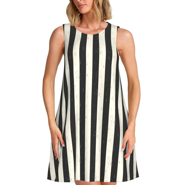 Fotbe Black And White Thick Stripes Vestido de Verano sin Mangas para Mujer – Vestido Midi Línea A, Estilo Camiseta Floral, Vestido Playero Casual y Fluido