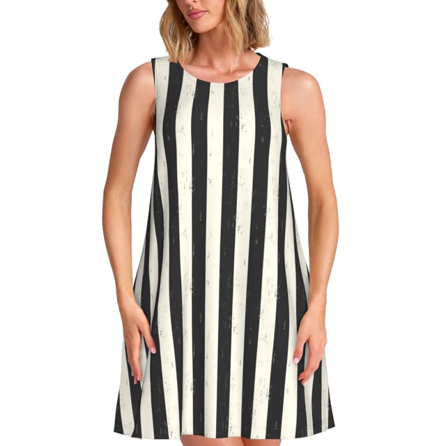 Fotbe Black And White Thick Stripes Vestido de Verano sin Mangas para Mujer – Vestido Midi Línea A, Estilo Camiseta Floral, Vestido Playero Casual y Fluido