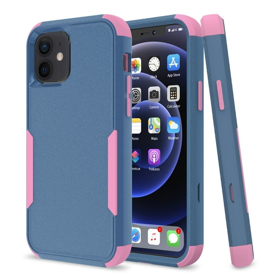 Apple iPhone 12 Case , for iPhone Series Rugged Rubber Durable 3 in 1 Cover , Phone Case for Girl Men Women Cute (Blue+Pink)