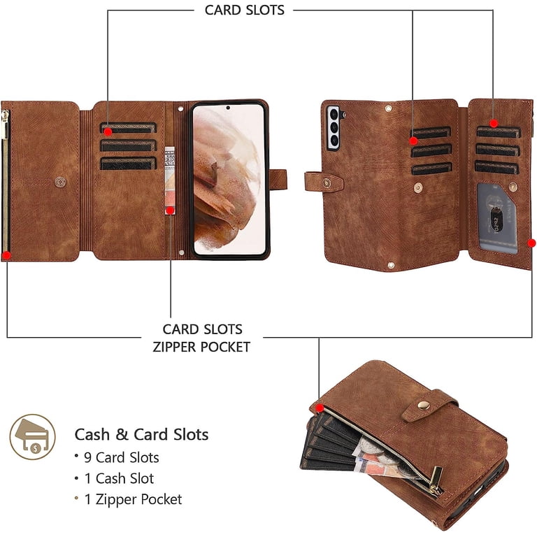 Wallet Case for Samsung Galaxy S23, 9 Card Holder Slots Zipper