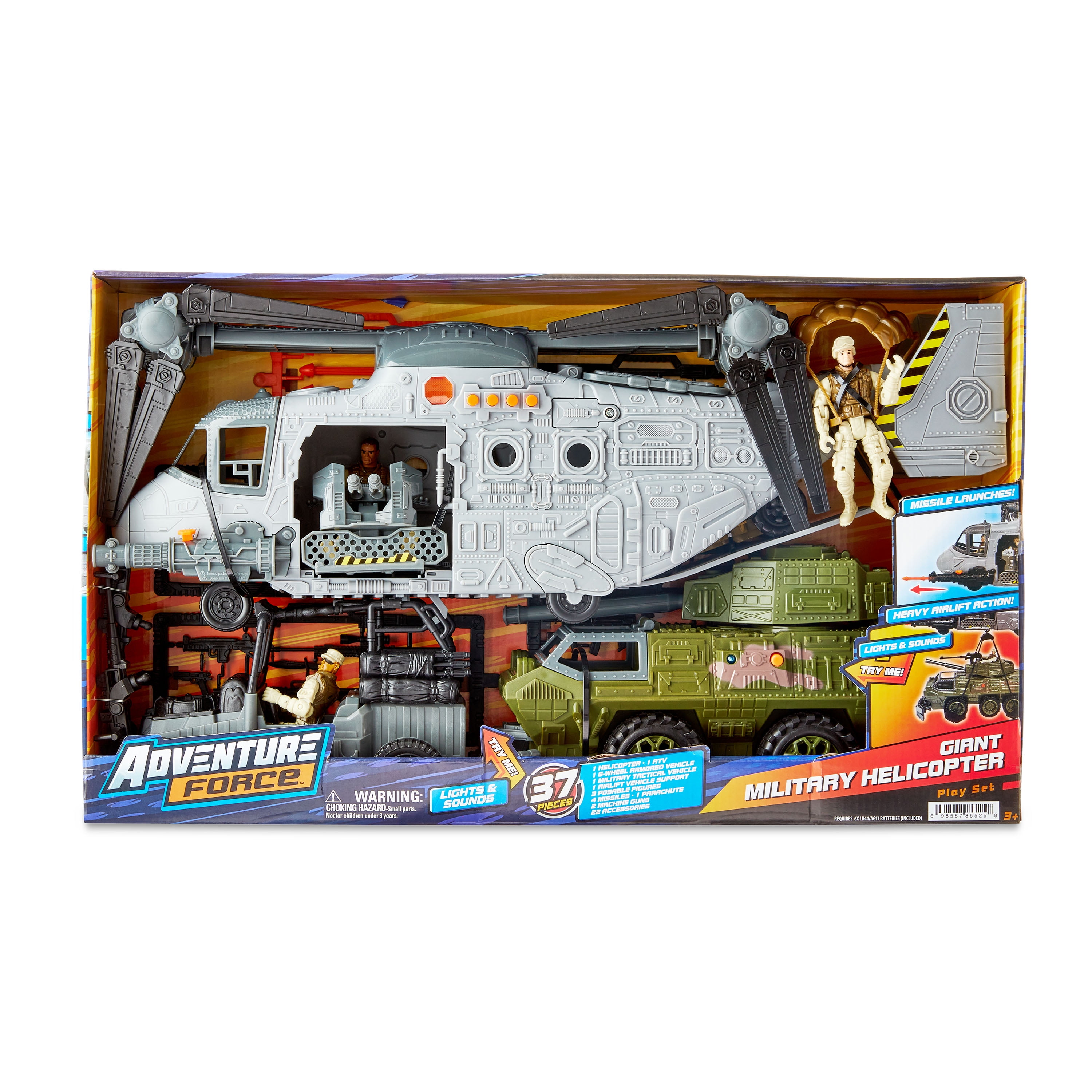 ミリタリー ジープ 地対空ミサイル砲車 ヘリコプター 自動走行砲 セット Adventure Force Giant Military Helicopter Play Set, 37 Pieces