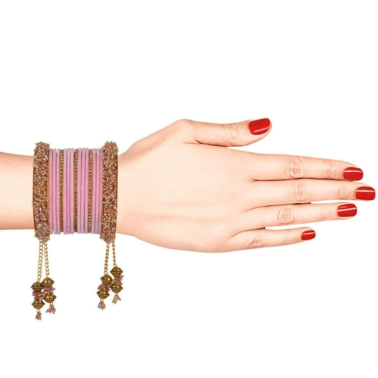 Efulgenz Pink Velvet Bangle Set Beaded Bracelet Indian