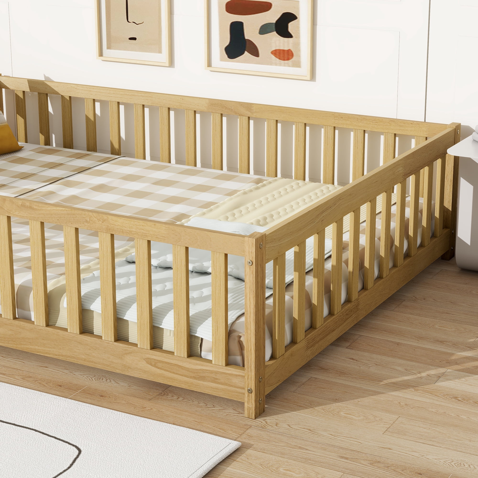 Full Size Floor Bed with Fence and Door,Rubber Wood Floor Bed with Safety Guardrails,Natural