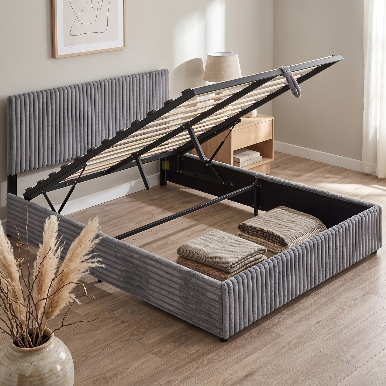 Furnibear Queen Size Bed Frame with Storage, Lift Up Upholstered Platform Bed Frame with Channel Tufted Headboard for Bedroom, Gray