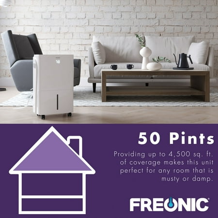 Freonic - 50 Pint Dehumidifier with Built-In Pump | LED Display | Bathroom, Basement, Bedroom, and Rooms up to 4,500 Sq. Ft. - White