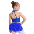 thumbnail image 3 of Doomiva Kids Girls Rhinestone Dance Crop Top and Tassel Feather Briefs Skirt 2 Piece Ballet Gym Latin Jazz Dance Outfit Royal Blue 12, 3 of 7