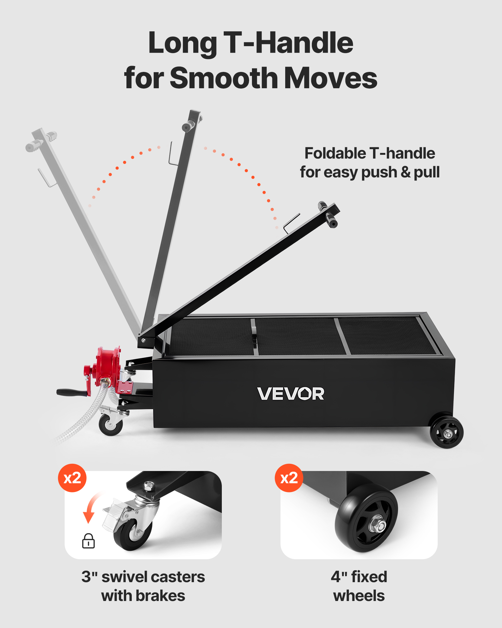 VEVOR Low Profile Oil Drain Pan, 25 Gallon Capacity, Rolling Oil Drain Pan with Manual Pump, 7.2 ft Hose & T Folding Handle, Leak-proof & Corrosion-resistant, Fit for Cars, SUVs, Trucks, ATVs, Black