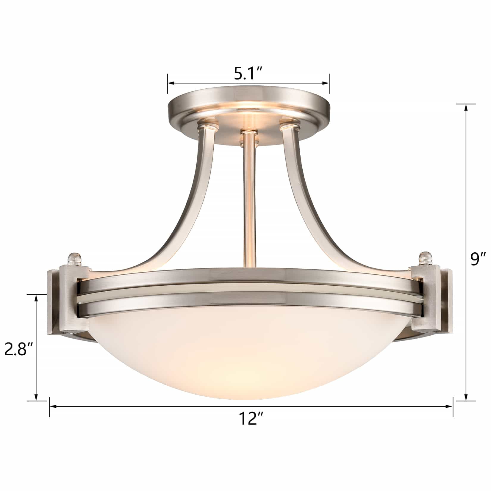 Brushed Nickel Semi Flush Mount Light 2-Light Milk Glass Ceiling Light Round Shape