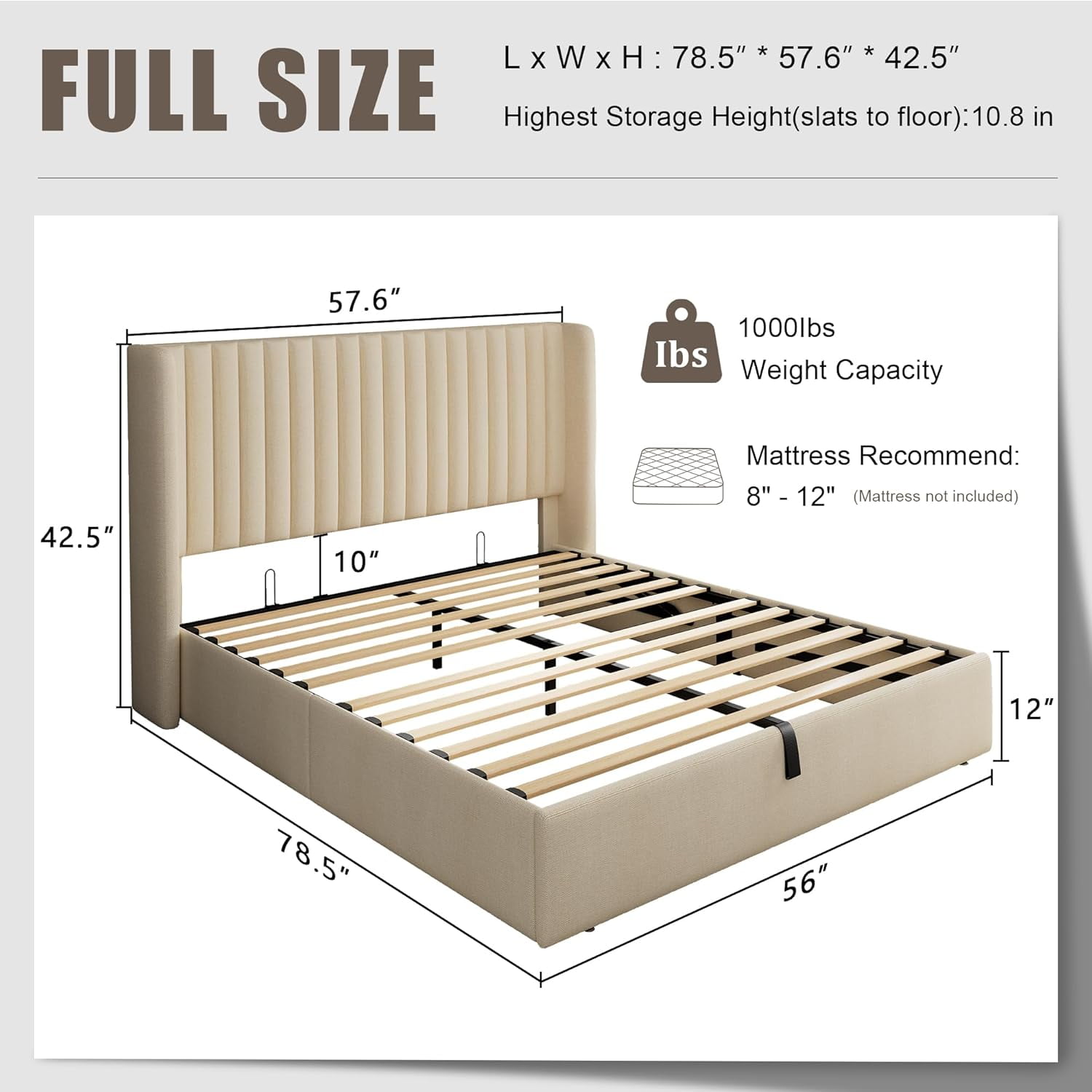 iPormis Full Size Bed Frame with Lift up Storage & Wingback Headboard, Upholstered Linen Bed Frame with Storage, Hydraulic Storage,Beige