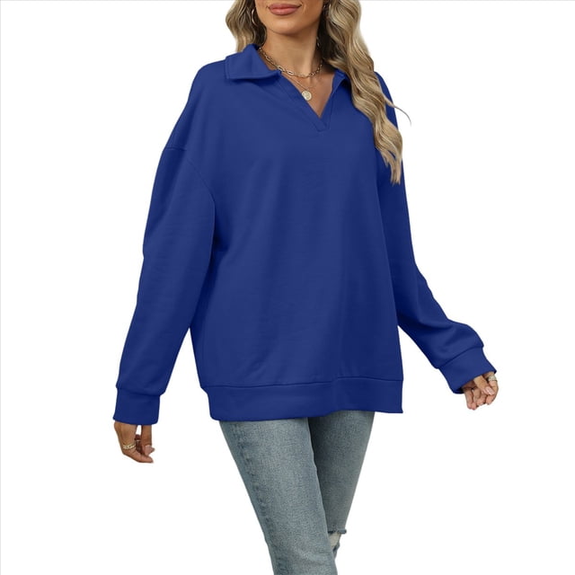 Camisetas para Mujer, de Larga, con Banda en la Parte Inferior, Informales, de Negocios, con Cuello en V Azul Real M