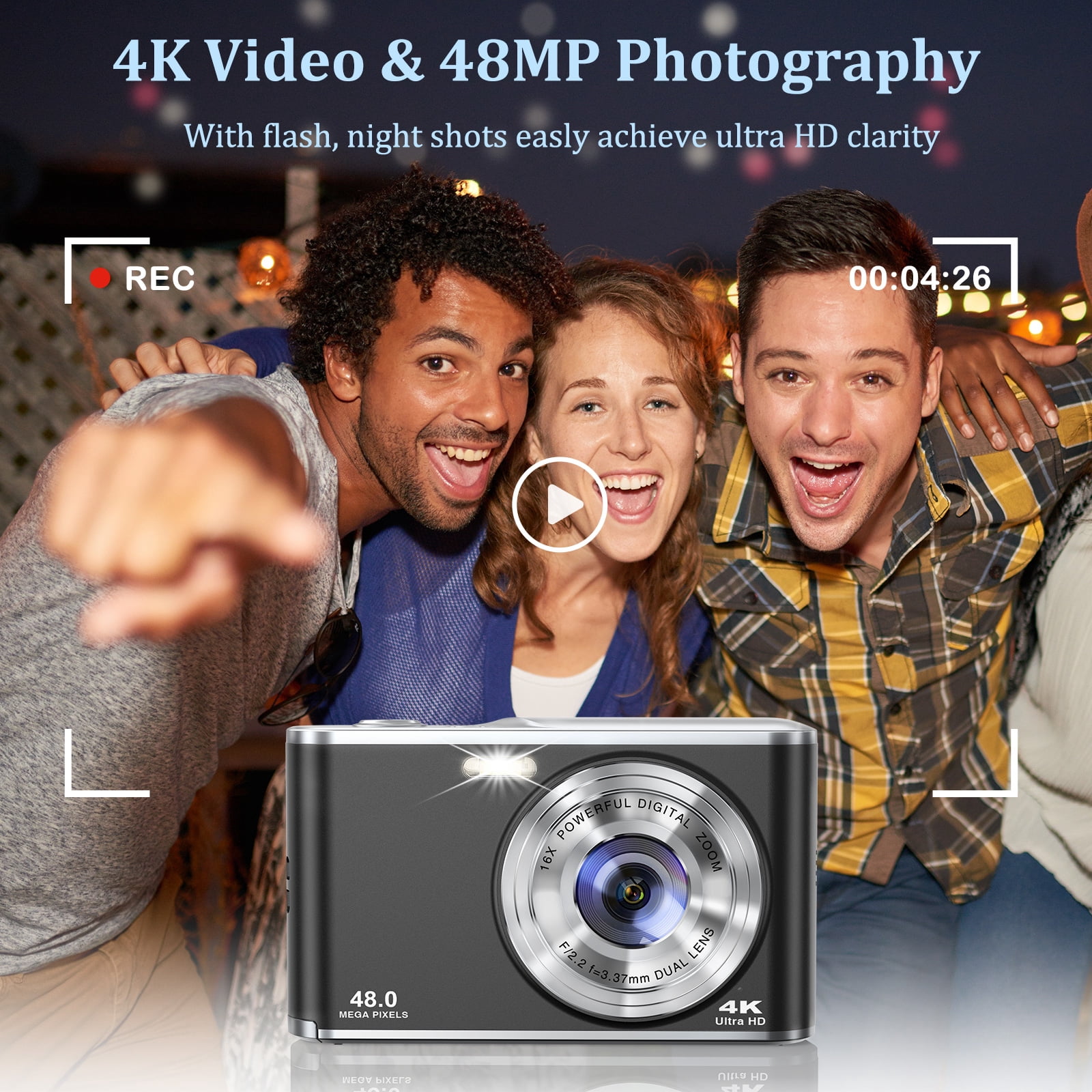 48MP 4K Digital Camera with Autofocus & 16X Zoom - Dual Lens Compact Camera for Vlogging, Includes 32GB SD Card (Ideal for Kids/Teens/Beginners)