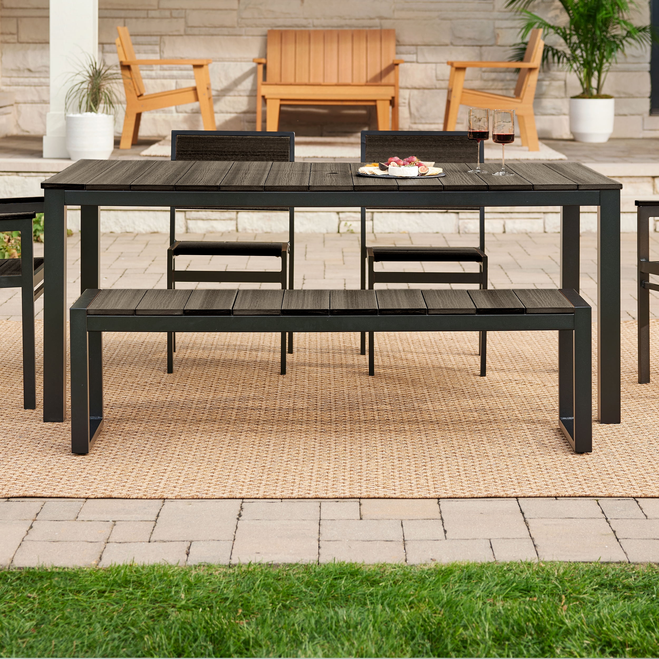 DuroGreen Park City 72" Rectangular 6-Pc Outdoor Dining Set, 1 Table/1 Bench/4 Chairs Made With All-Weather Tangent Sustainable Lumber, High End Patio Furniture, Black with Coastal Gray